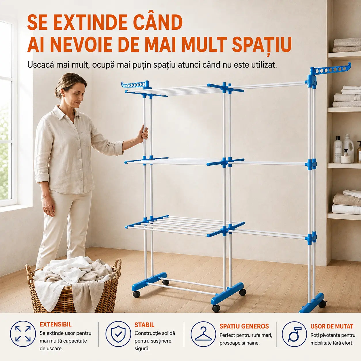 Uscător Rufe Vertical Dublu Pliabil, Anti-Rugină, Albastru, 170 cm