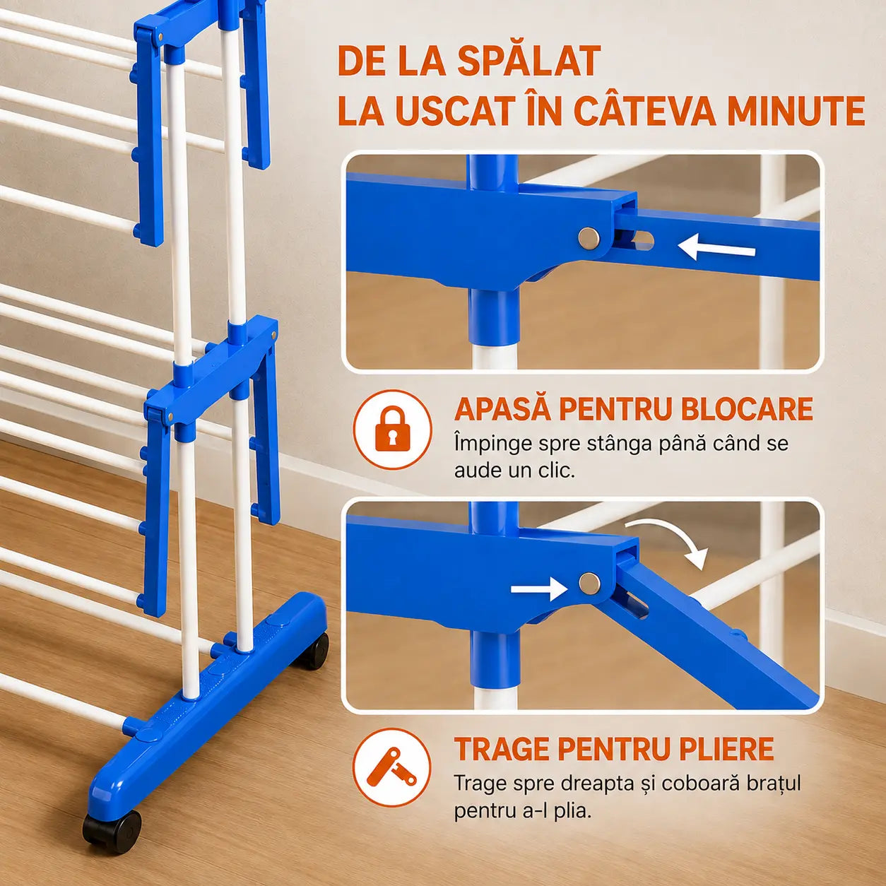 Uscător Rufe Vertical Dublu Pliabil, Anti-Rugină, Albastru, 170 cm