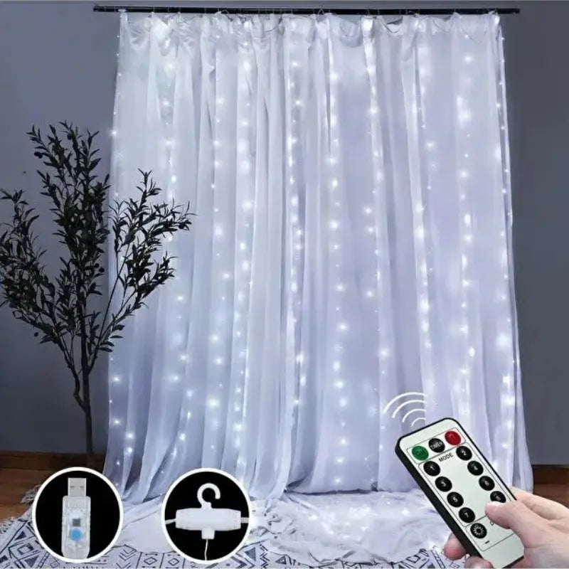 Instalație Tip Perdea cu Fir de Cupru 3x3m, 300 LED-uri și Telecomandă, pentru Interior