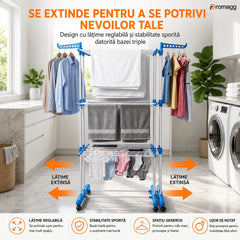 Uscător Rufe Vertical Dublu Pliabil, Anti-Rugină, Albastru, 170 cm