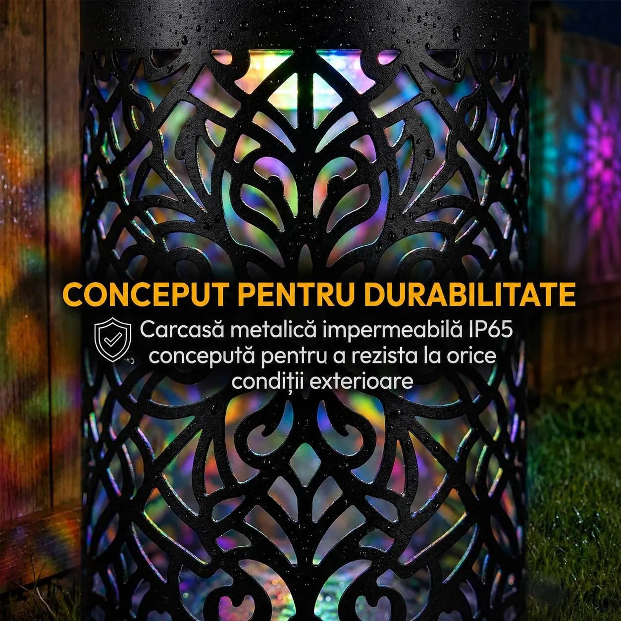 Lampa Solara de Perete cu Proiectie Mandala, 7 Culori Schimbatoare, Set 4 Bucati, Metalica, Impermeabila IP65, Negru
