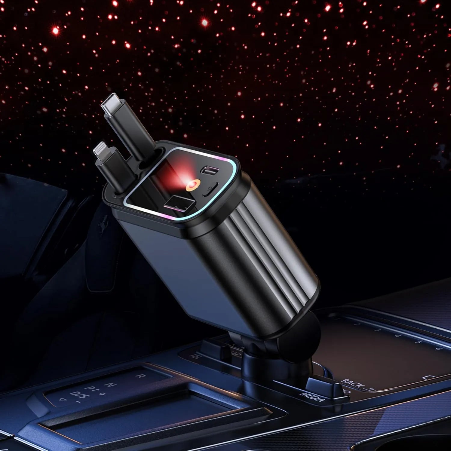 Încărcător Auto Retractabil 66W cu Starlight – Cablu USB-C + Cablu iPhone, Port USB și Port Tip-C - imagine 3