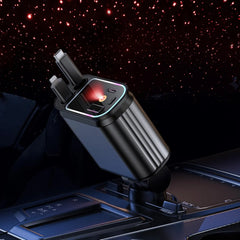 Încărcător Auto Retractabil 66W cu Starlight – Cablu USB-C + Cablu iPhone, Port USB și Port Tip-C