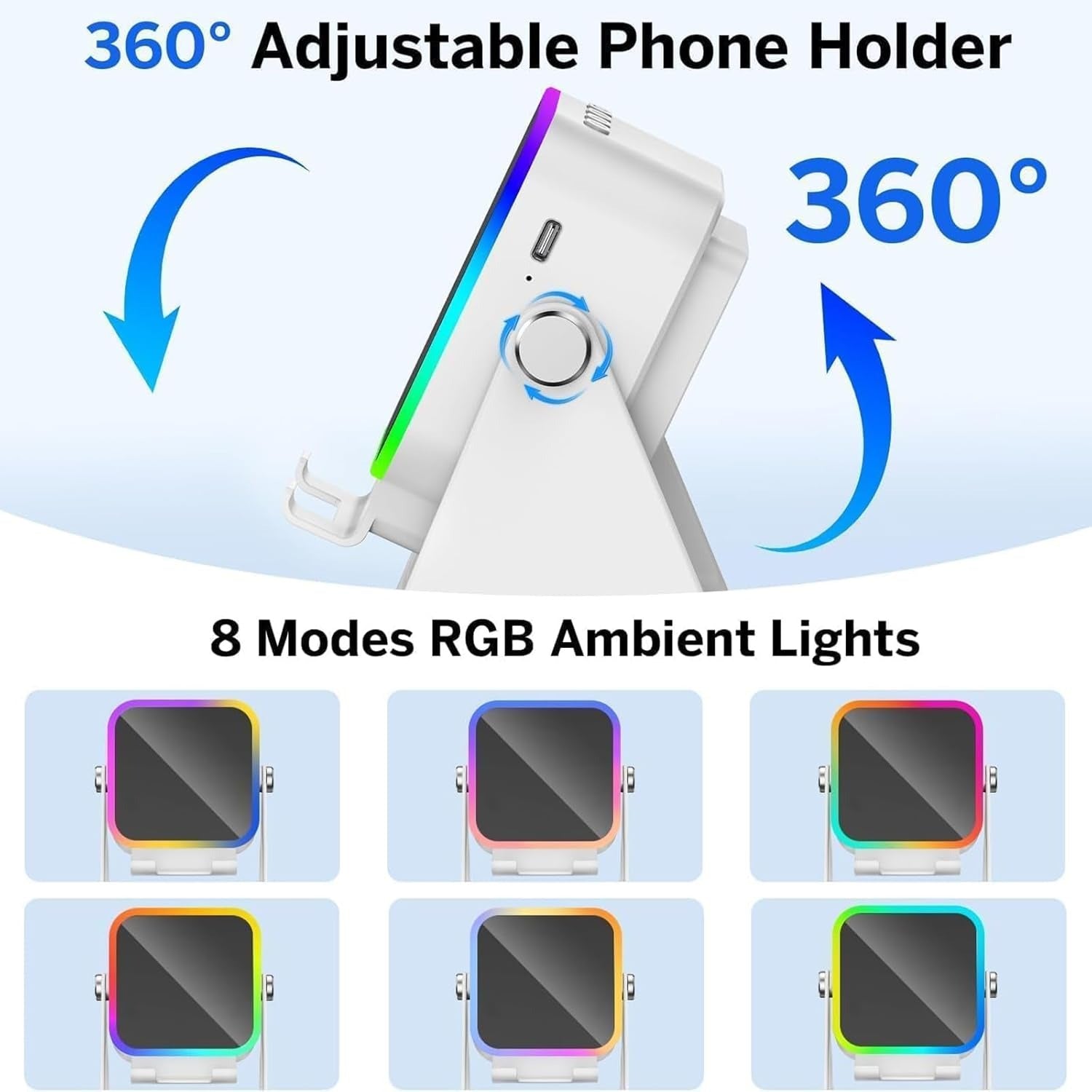 Suport de Birou pentru Telefon cu Senzor Wireless, Boxă și Lumină RGB - imagine 6