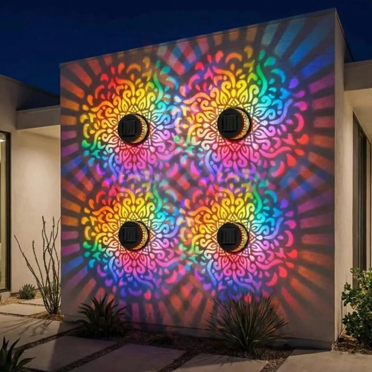Lampa Solara de Perete cu Proiectie Mandala, 7 Culori Schimbatoare, Set 4 Bucati, Metalica, Impermeabila IP65, Negru
