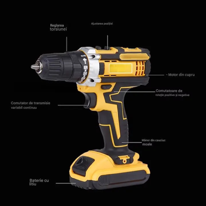 Mașină de Găurit și Înșurubat cu Percuție 48V, 500W – Cuplu 100Nm, 2 Acumulatori, 30 Accesorii - imagine 4