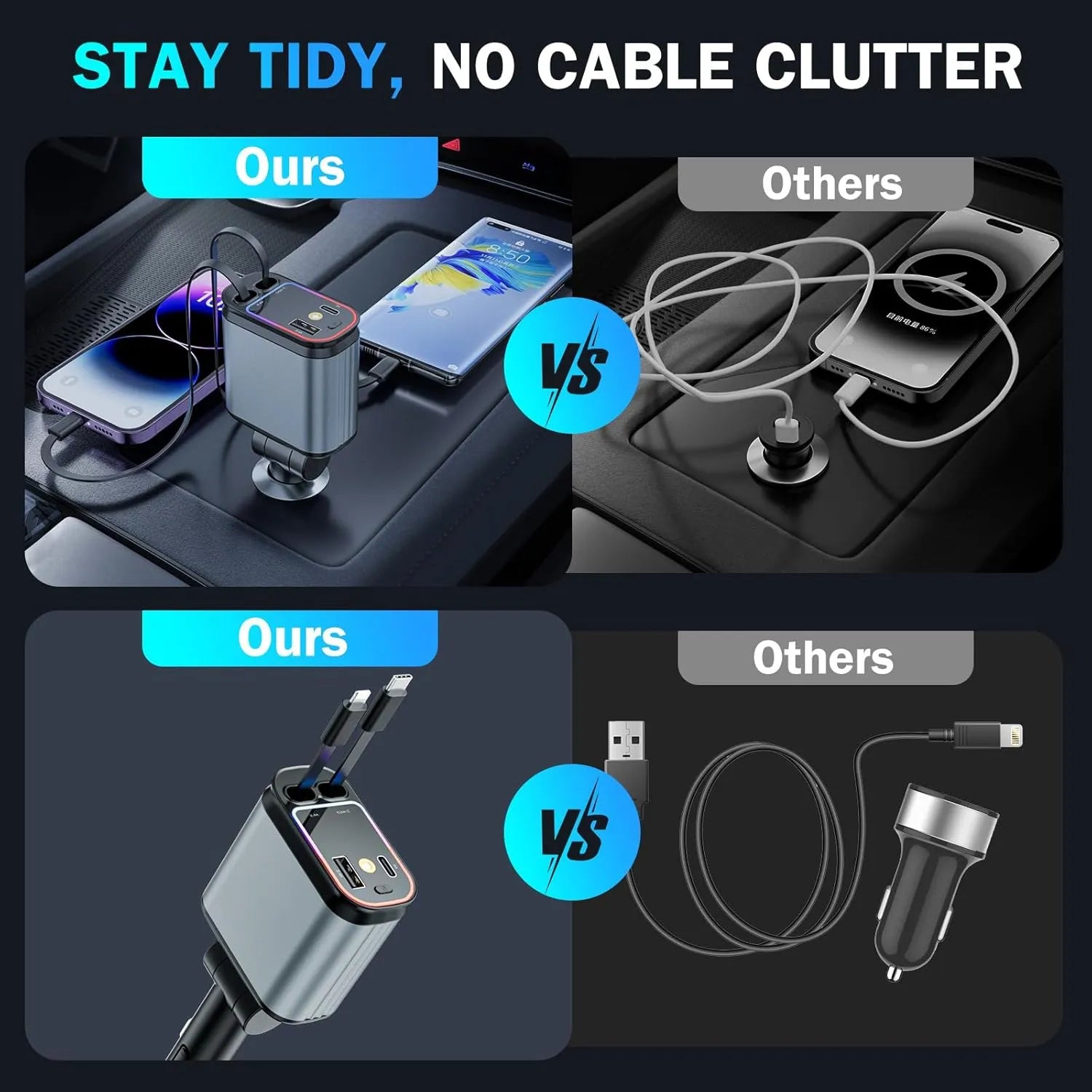 Încărcător Auto Retractabil 66W cu Starlight – Cablu USB-C + Cablu iPhone, Port USB și Port Tip-C - imagine 7