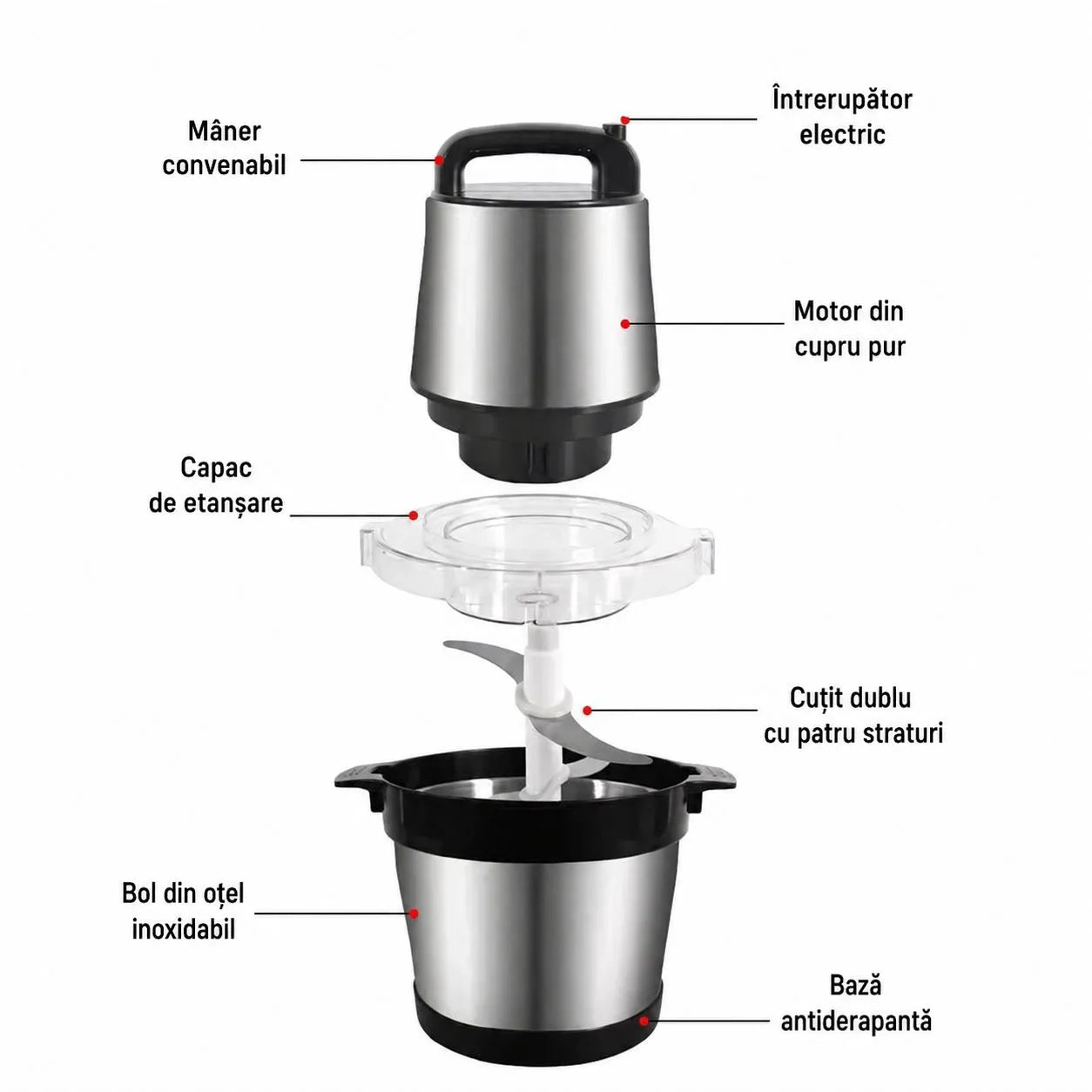 Tocător Electric Profesional RAF cu Bol Inox și Lame din Oțel Inoxidabil - imagine 4