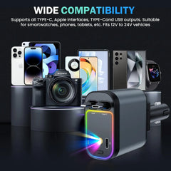 Încărcător Auto Retractabil 66W cu Starlight – Cablu USB-C + Cablu iPhone, Port USB și Port Tip-C
