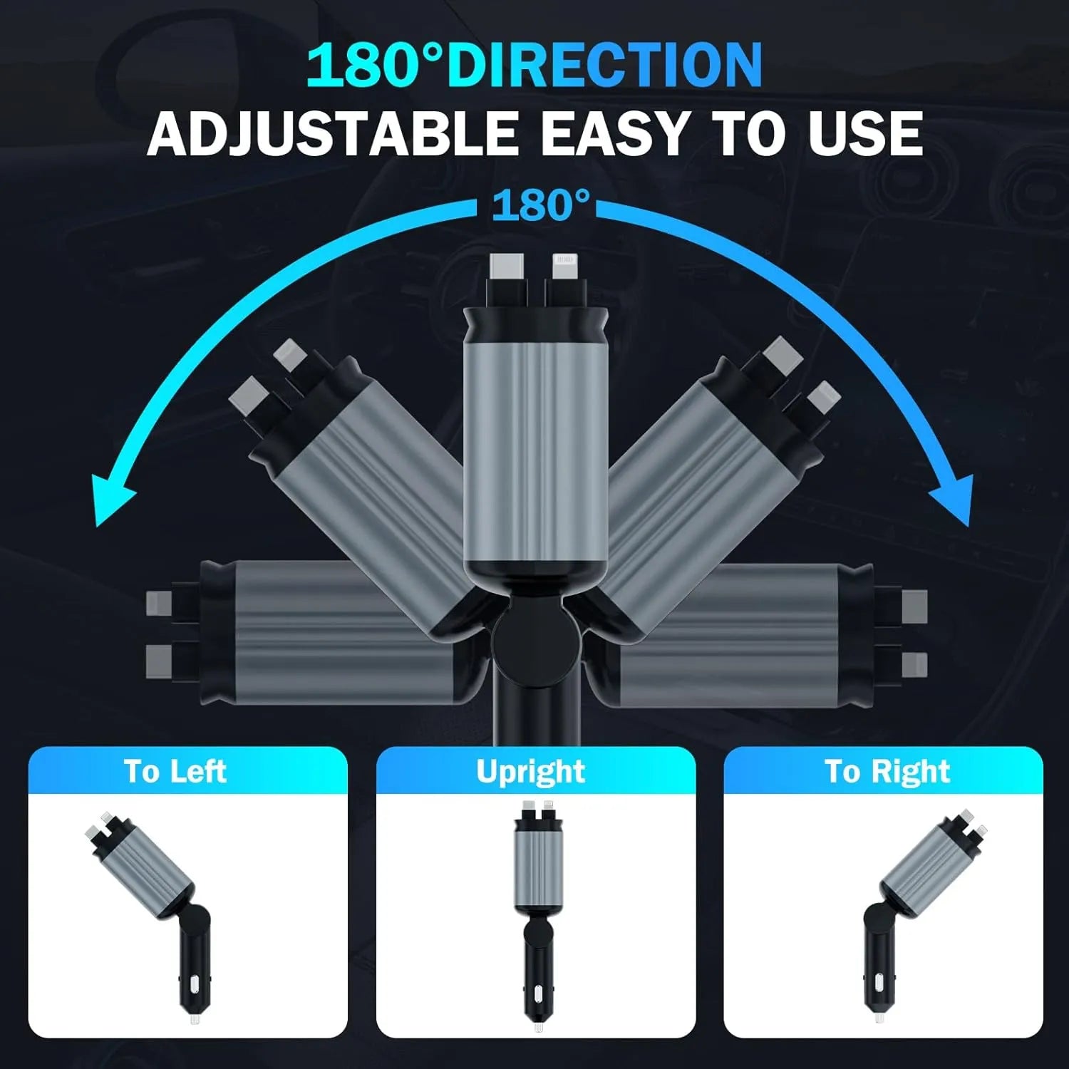 Încărcător Auto Retractabil 66W cu Starlight – Cablu USB-C + Cablu iPhone, Port USB și Port Tip-C - imagine 6