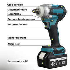 Set Mașină de Găurit și Înșurubat cu Impact 48V, 2 Acumulatori, 4500RPM, 330Nm