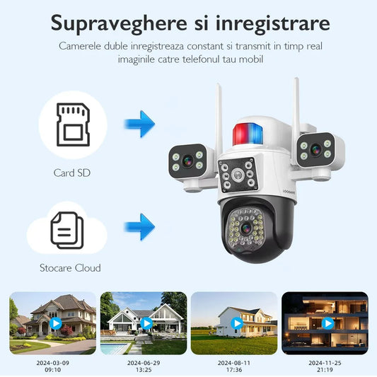 Cameră de Supraveghere Quad Wireless 20MP – Ultra HD, PTZ, Zoom 5X, Viziune Nocturnă, Comunicare Bidirecțională