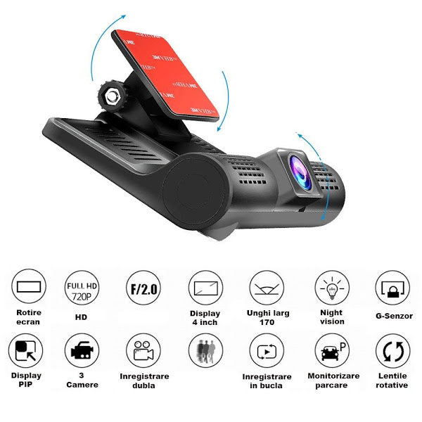 Cameră auto cu lentile rotative, unghi larg de 170°, înregistrare în buclă și funcție de vizibilitate nocturnă.