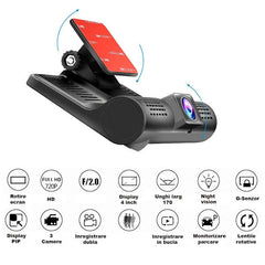 Cameră auto cu lentile rotative, unghi larg de 170°, înregistrare în buclă și funcție de vizibilitate nocturnă.