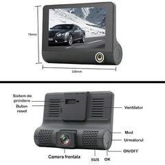 Dimensiuni cameră auto triplă Full HD, specificații tehnice și sistem de prindere, ideală pentru monitorizare auto avansată.