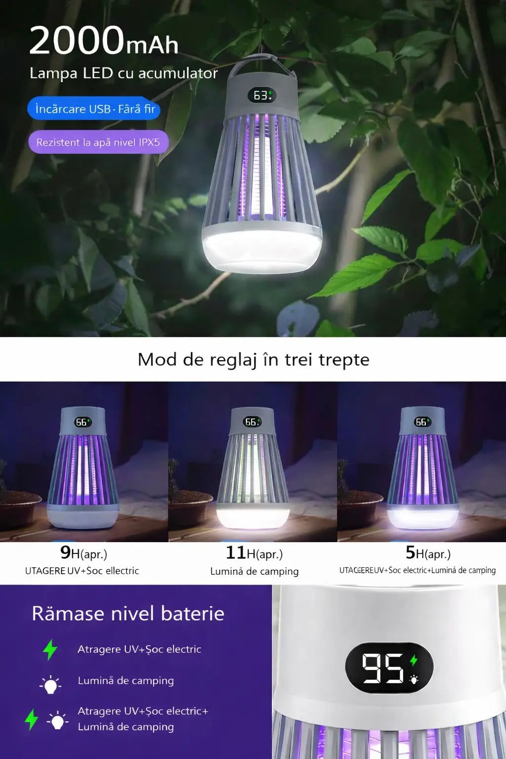 Lampă Anti Țânțari 2 în 1 cu LED, Reîncărcabilă, Portabilă și Impermeabilă - imagine 3