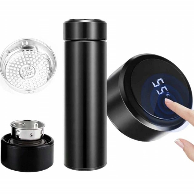 Sticlă termos cu ecran digital LED, indicator de temperatură și filtru pentru ceai, ideală pentru birou și călătorii.