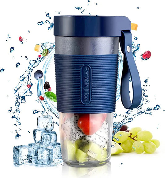 Blender portabil electric pentru smoothie, sucuri naturale și shake-uri, cu design compact și capac de siguranță.