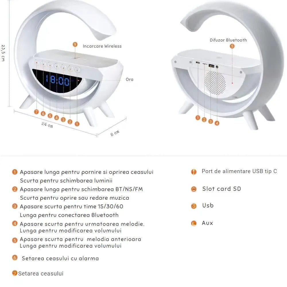 Boxa Multifunctionala G, Lampa LED RGB Smart,cu ceas, Boxa Bluetooth, Incarcator Telefon Wireless, Lumina RGB - Promagg.ro