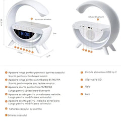 Boxa Multifunctionala G, Lampa LED RGB Smart,cu ceas, Boxa Bluetooth, Incarcator Telefon Wireless, Lumina RGB - Promagg.ro