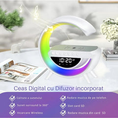 Boxa Multifunctionala G, Lampa LED RGB Smart,cu ceas, Boxa Bluetooth, Incarcator Telefon Wireless, Lumina RGB - Promagg.ro