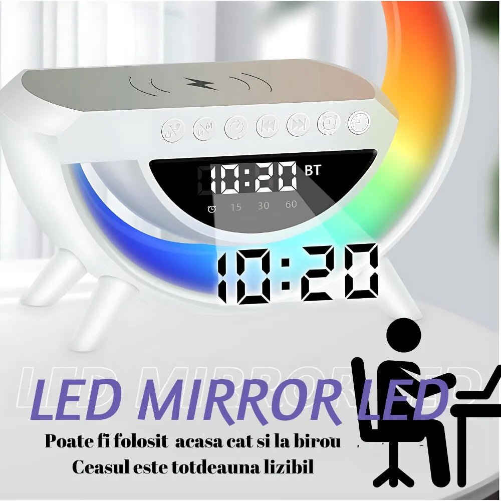 Boxa Multifunctionala G, Lampa LED RGB Smart,cu ceas, Boxa Bluetooth, Incarcator Telefon Wireless, Lumina RGB - Promagg.ro
