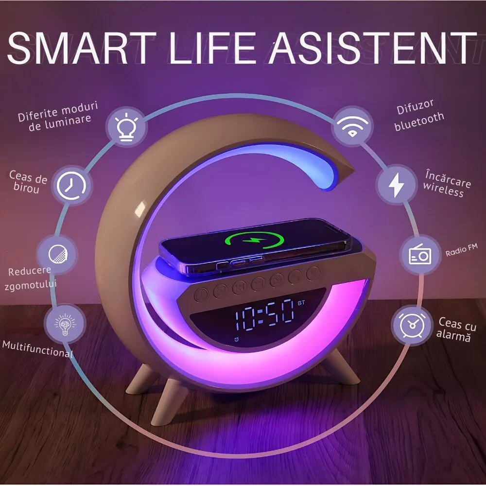 Boxa Multifunctionala G, Lampa LED RGB Smart,cu ceas, Boxa Bluetooth, Incarcator Telefon Wireless, Lumina RGB - Promagg.ro