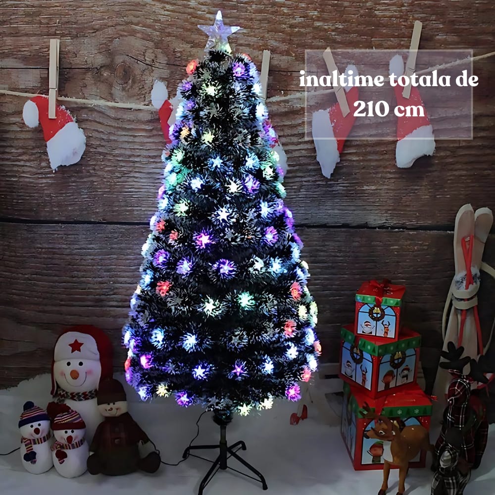 Brad de Crăciun artificial de 210 cm cu fibră optică, ramuri dense, lumini multicolore și vârf decorativ în formă de stea