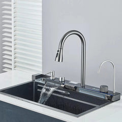 Chiuveta Multifunctionala cu 2 Cascade cu Accesorii Incluse, Afisaj Digital a Temperaturii si Robinet Cascada