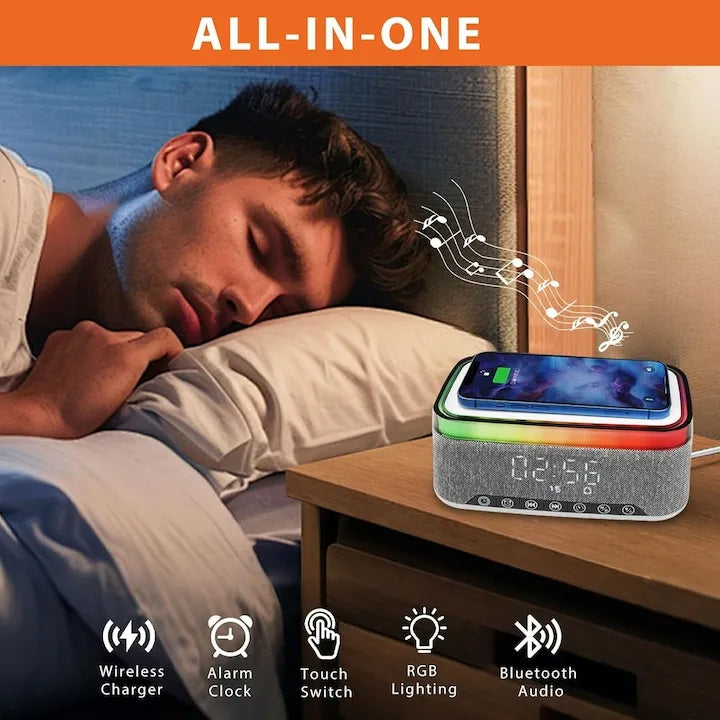 Ceas cu Alarma Digital 6in1 cu Incarcare Wireless 15W, Boxa Bluetooth, Lampa LED si Radio FM - imagine 2