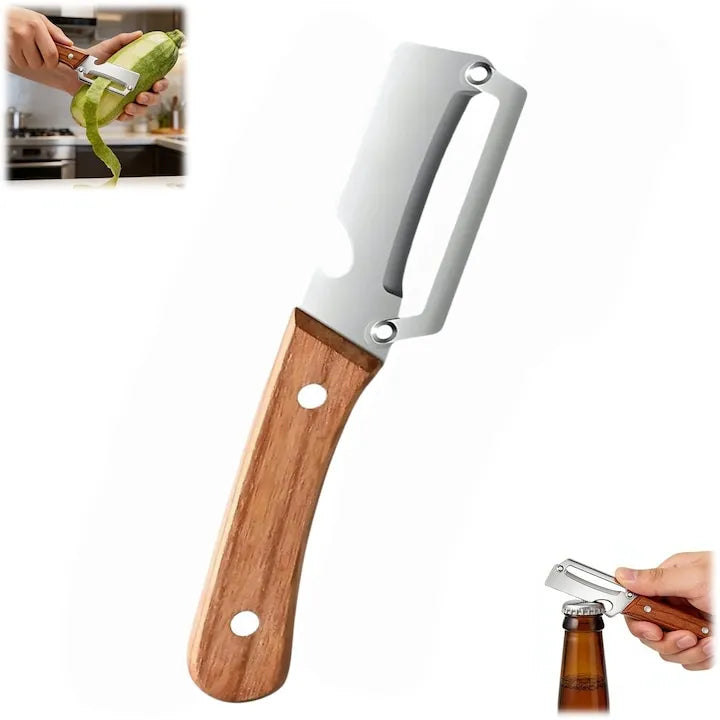 Curatator Legume 2 in 1 cu Deschizator de Sticle si Maner din Lemn, Otel Inoxidabil, Pentru Cartofi, Morcovi, Mere, Bostan