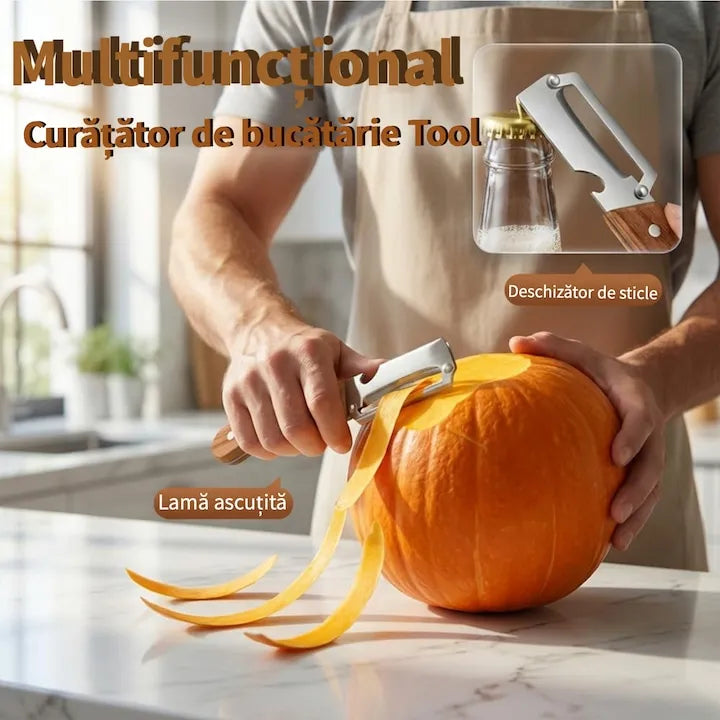 Curatator Legume 2 in 1 cu Deschizator de Sticle si Maner din Lemn, Otel Inoxidabil, Pentru Cartofi, Morcovi, Mere, Bostan - imagine 5