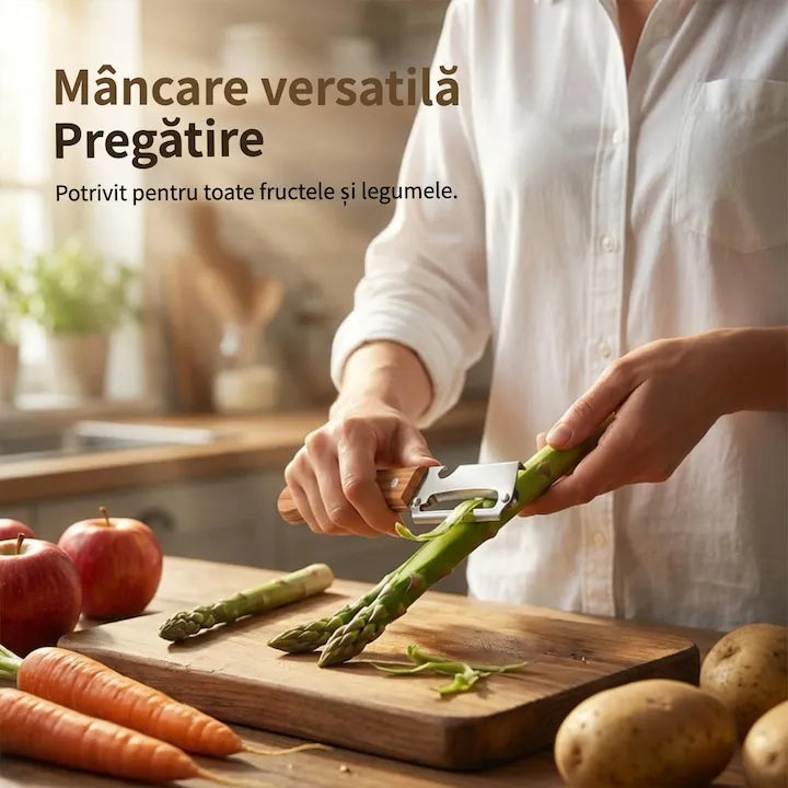 Curatator Legume 2 in 1 cu Deschizator de Sticle si Maner din Lemn, Otel Inoxidabil, Pentru Cartofi, Morcovi, Mere, Bostan - imagine 6