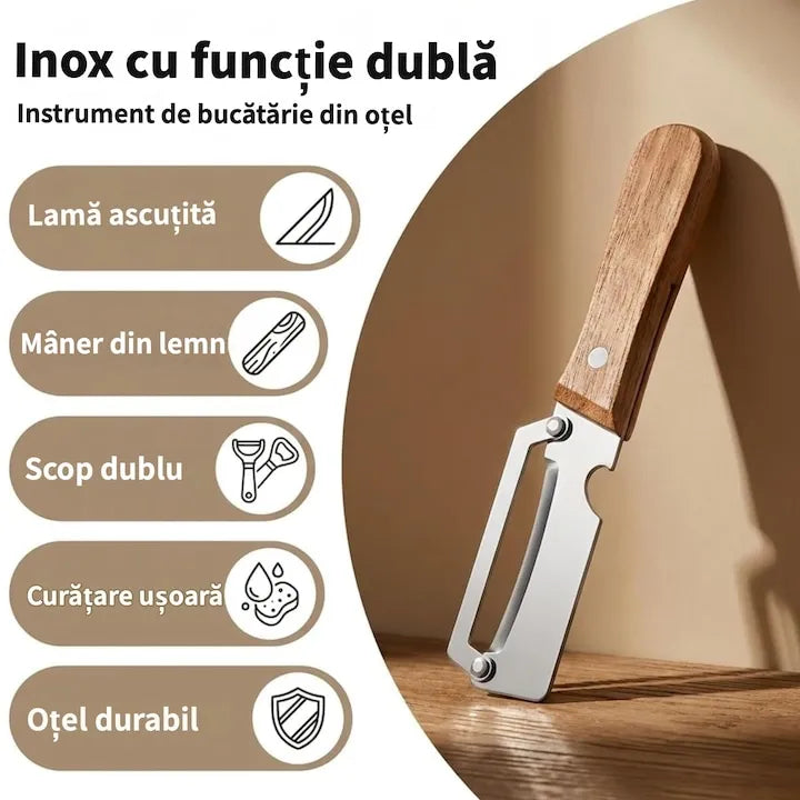 Curatator Legume 2 in 1 cu Deschizator de Sticle si Maner din Lemn, Otel Inoxidabil, Pentru Cartofi, Morcovi, Mere, Bostan - imagine 8