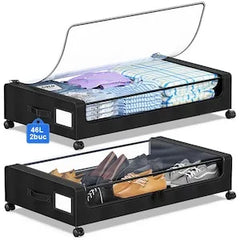 Cutie Depozitare Sub Pat cu Roti, 50L, Negru, 78x43x17cm, Capac Transparent - imagine 3
