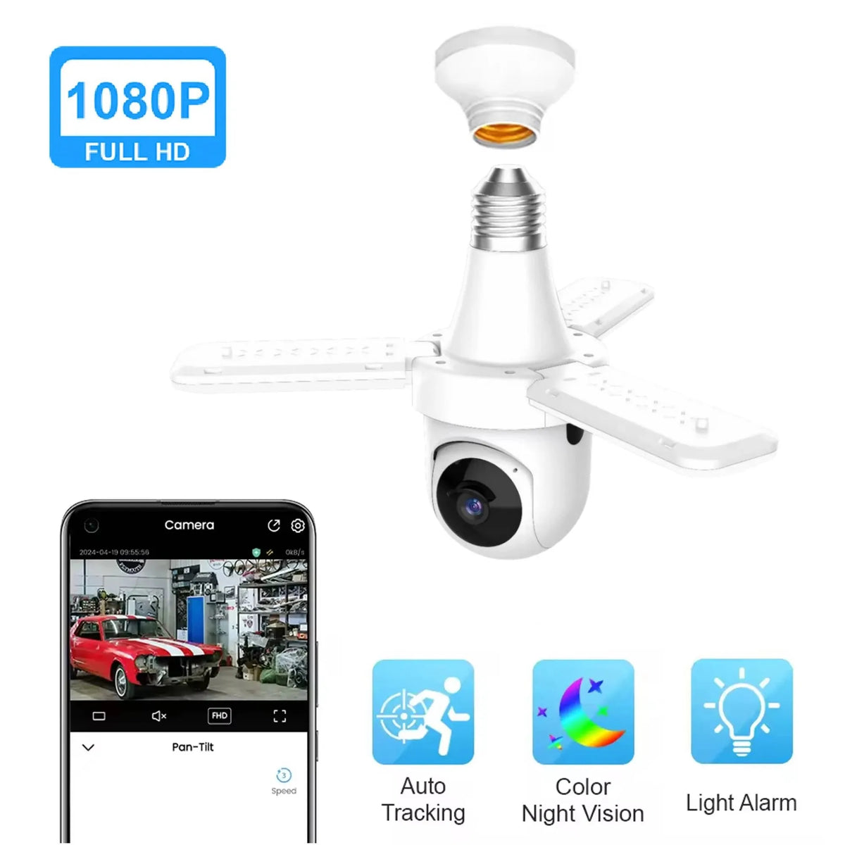 Cameră Tip Bec WiFi 3MP HD cu 3 Brațe LED, PTZ, Montare E27