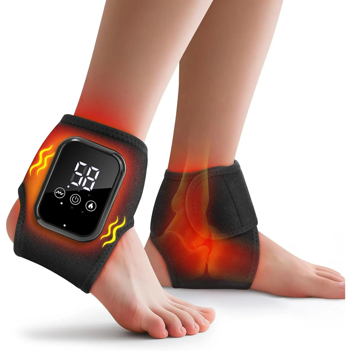 Masajer pentru Glezne 3 in 1 cu Bandaj Incalzit, 3 Moduri Vibratie, 3 Niveluri Incalzire, Set 2 Bucati