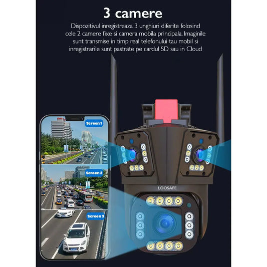 Cameră de Supraveghere Triplă WiFi 12MP Ultra HD, Zoom 5X, Rotire PTZ, Alarmă și Comunicare Bidirecțională