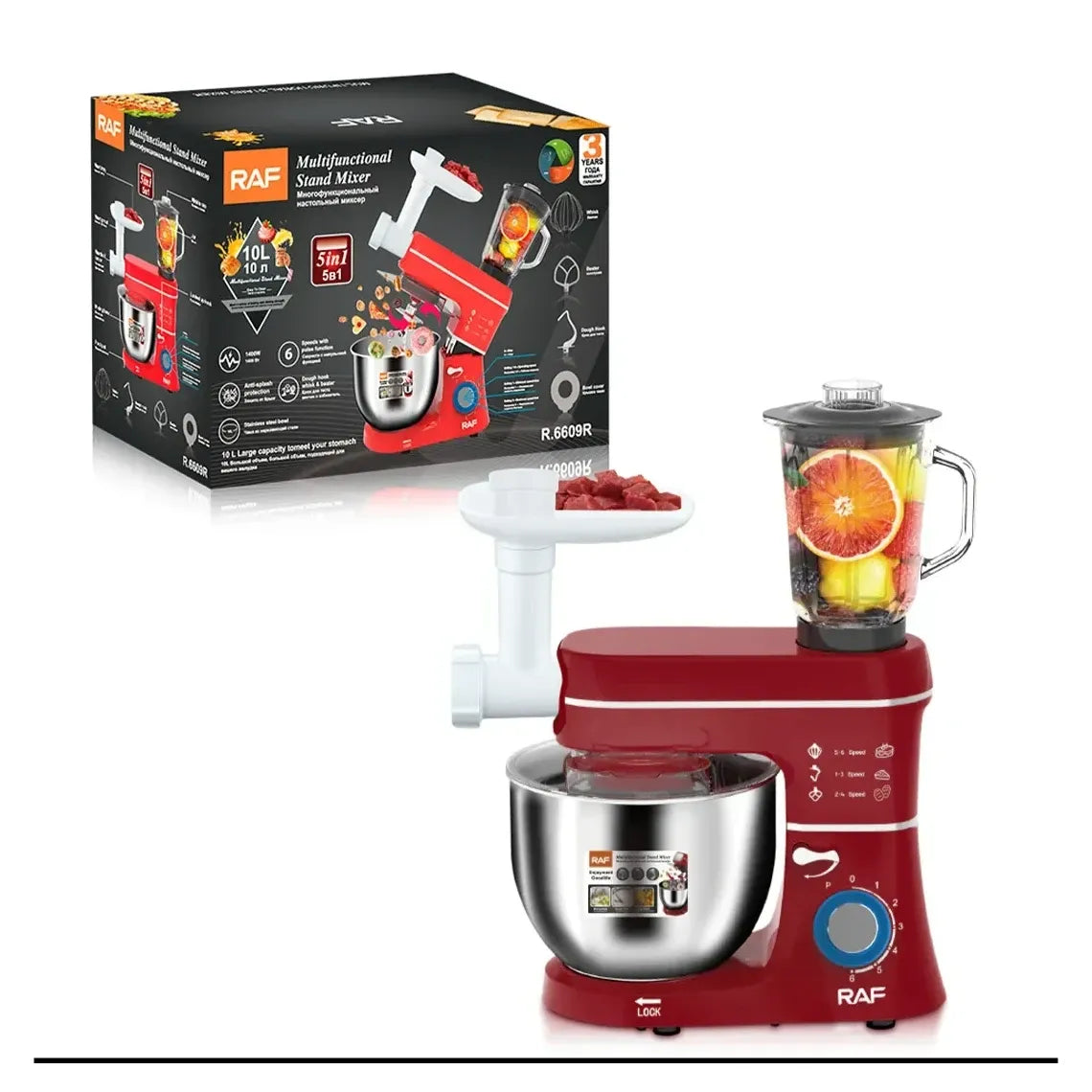 Mixer Planetar 4 în 1 cu Bol 6L, 1400W, Frământare, Mixare și Tel pentru Ouă, 6 Viteze