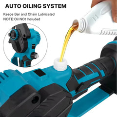 Mini Fierăstrău Electric 6” (15 cm) 48V cu 2 Acumulatori, 2 lant și Rezervor Ulei