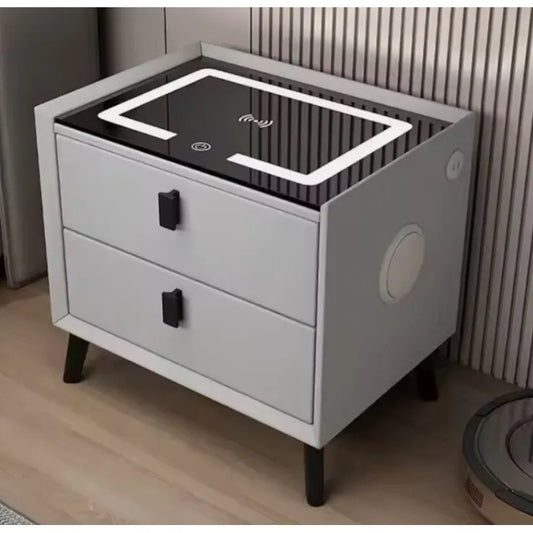 Noptieră Inteligentă cu Încărcare Wireless, LED Reglabil și Difuzoare Bluetooth – 2 Sertare