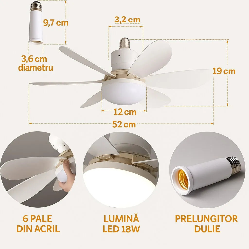 Ventilator Plafon LED 40W cu Telecomandă – 3 Viteze, Iluminare Reglabilă, Soclu E27 - imagine 6