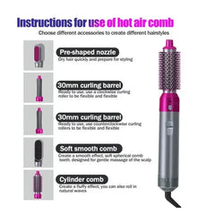 Set Perie de Păr 5 în 1, 1000W – Uscare, Ondulare și Volum cu Capete Detașabile