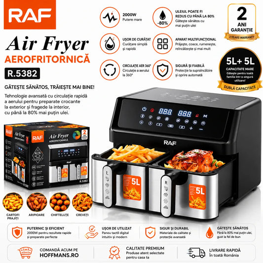 Friteuză cu Aer Cald Dual Zone 9L, 2800W, 2 Coșuri Independente 4.5L + 4.5L, Control Digital Touch
