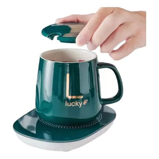 Cană Ceramică Inteligentă pentru Încălzire Automată a Băuturilor – 55°C, cu Suport USB, Capac și Linguriță, 350 ml