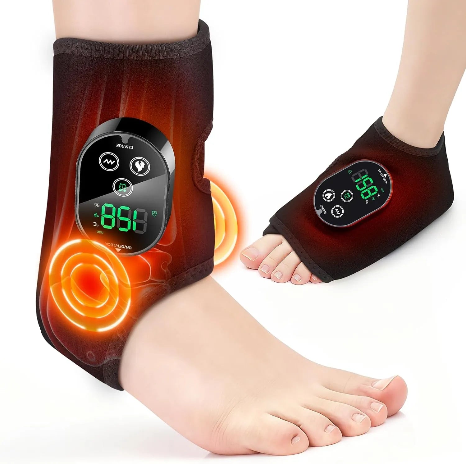 Masajer pentru Glezne 3 in 1 cu Bandaj Incalzit, 3 Moduri Vibratie, 3 Niveluri Incalzire, Set 2 Bucati