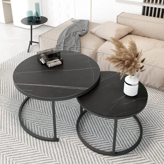 Set 2 Măsuțe Rotunde de Cafea cu Efect Marmură – Blat MDF 15 mm și Cadru Metalic