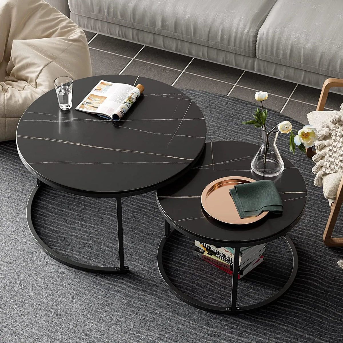 Set 2 Măsuțe Rotunde de Cafea cu Efect Marmură – Blat MDF 15 mm și Cadru Metalic - imagine 3