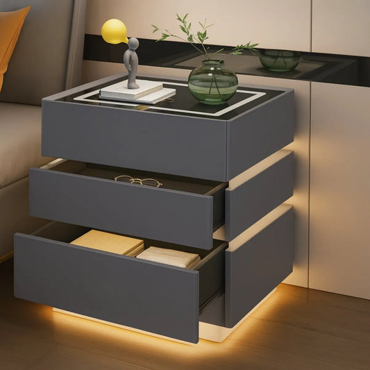 Noptieră Modernă cu Încărcare Wireless 15W, Iluminare LED în 3 Culori și 3 Sertare