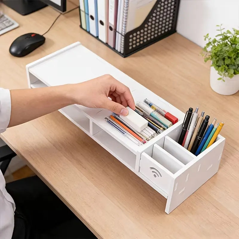 Suport monitor/laptop 49 cm cu sertar, organizator birou alb - imagine 3
